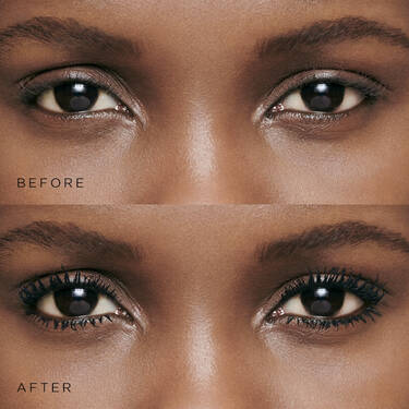 A close up before and after eye image of Lancome Monsieur Big Volumizing Mascara that provides 12x more volume and does not flake
