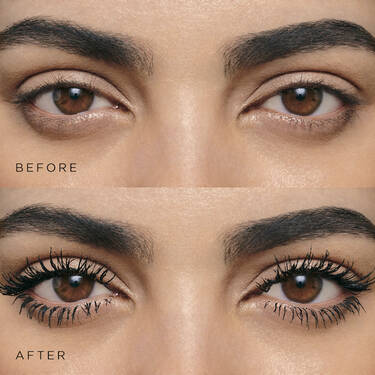 Close up before and after eye image of Lancome Monsieur Big Volumizing Mascara with a false lash effect for dramatic lashes